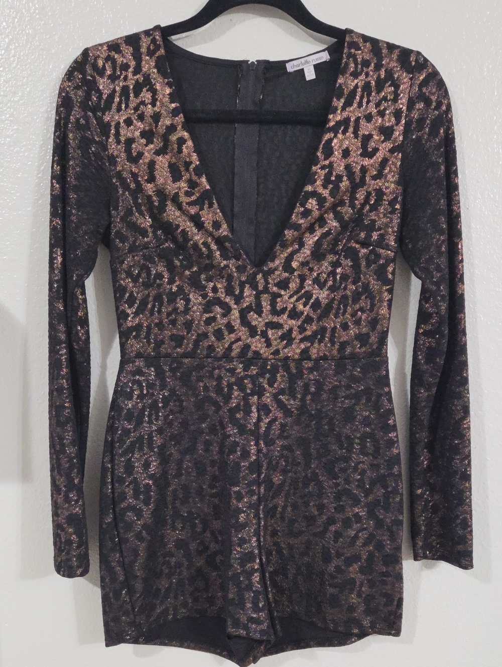 Charlotte Russe Black and Gold Leopard Sparkle Long-Sleeve Romper